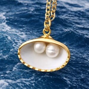 “Two Pearls in Scallop Shell” Bivalve Clam Oyster Gold-Dipped Mermaid Necklace